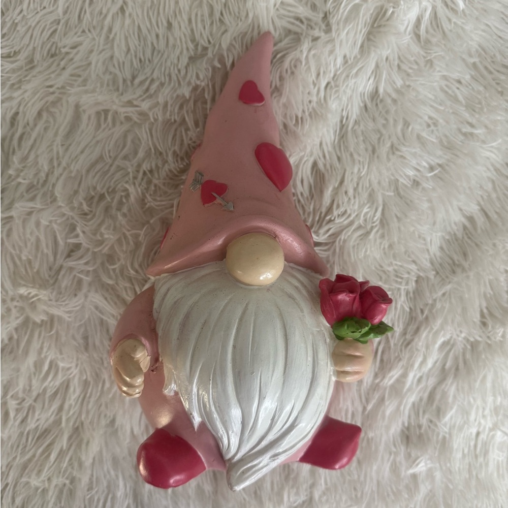 Pink Gnome Figurine with Hearts and Roses